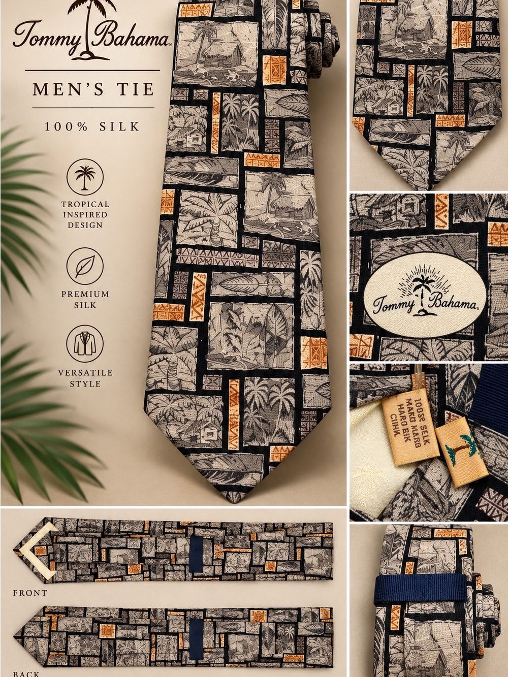 Tommy Bahama Men’s Silk Tie 100% Silk Black Gray Gold Tropical Island Hawaiian